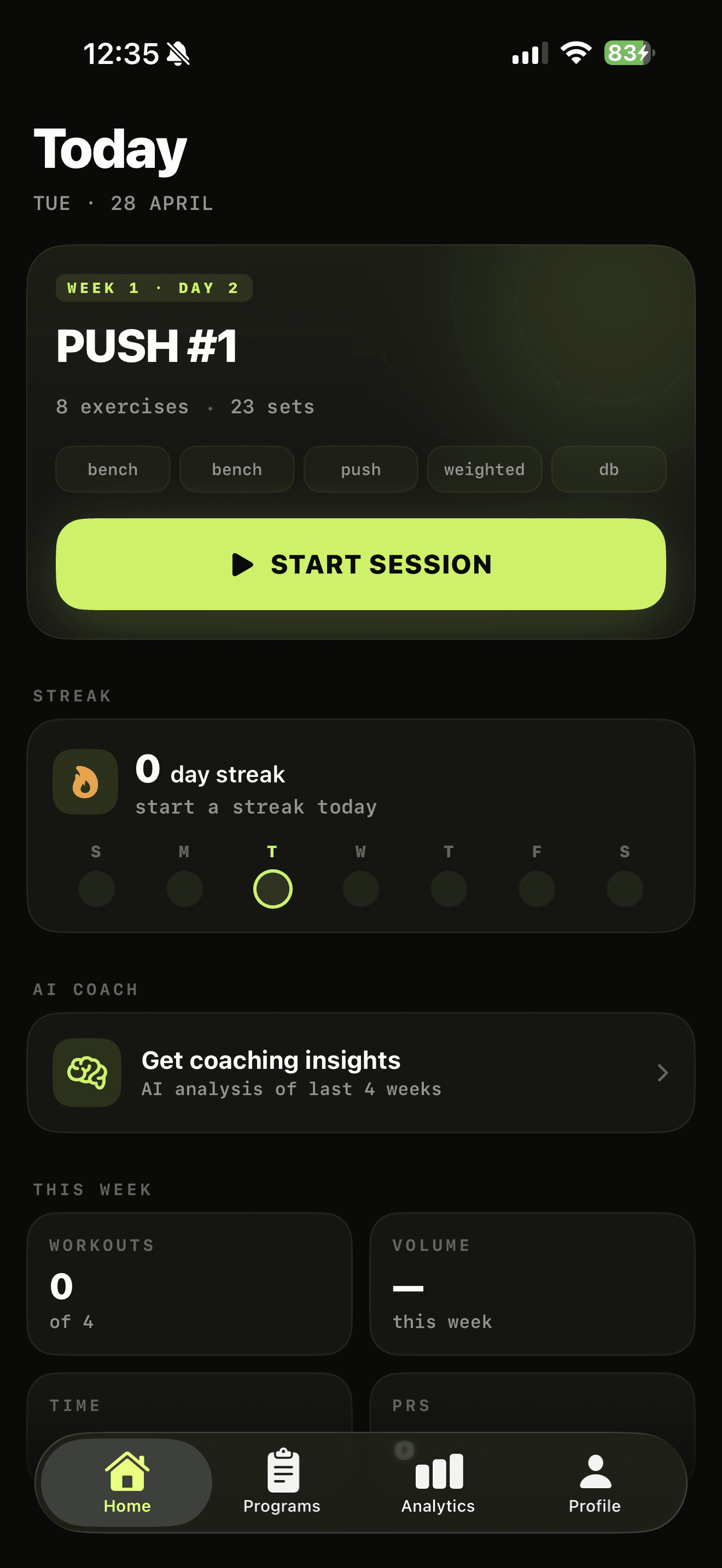 DialedIn Today screen showing the next workout, streak, and weekly stats